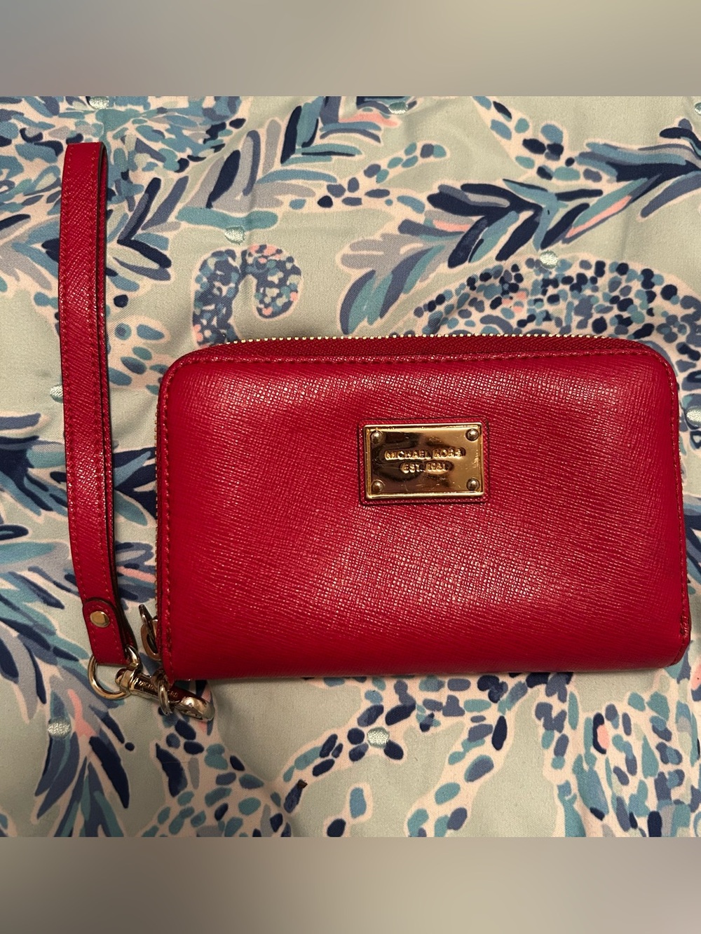 Michael Kors Cherry Red Zip-Around Wristlet Wallet w/ Strap Logo Card Slots